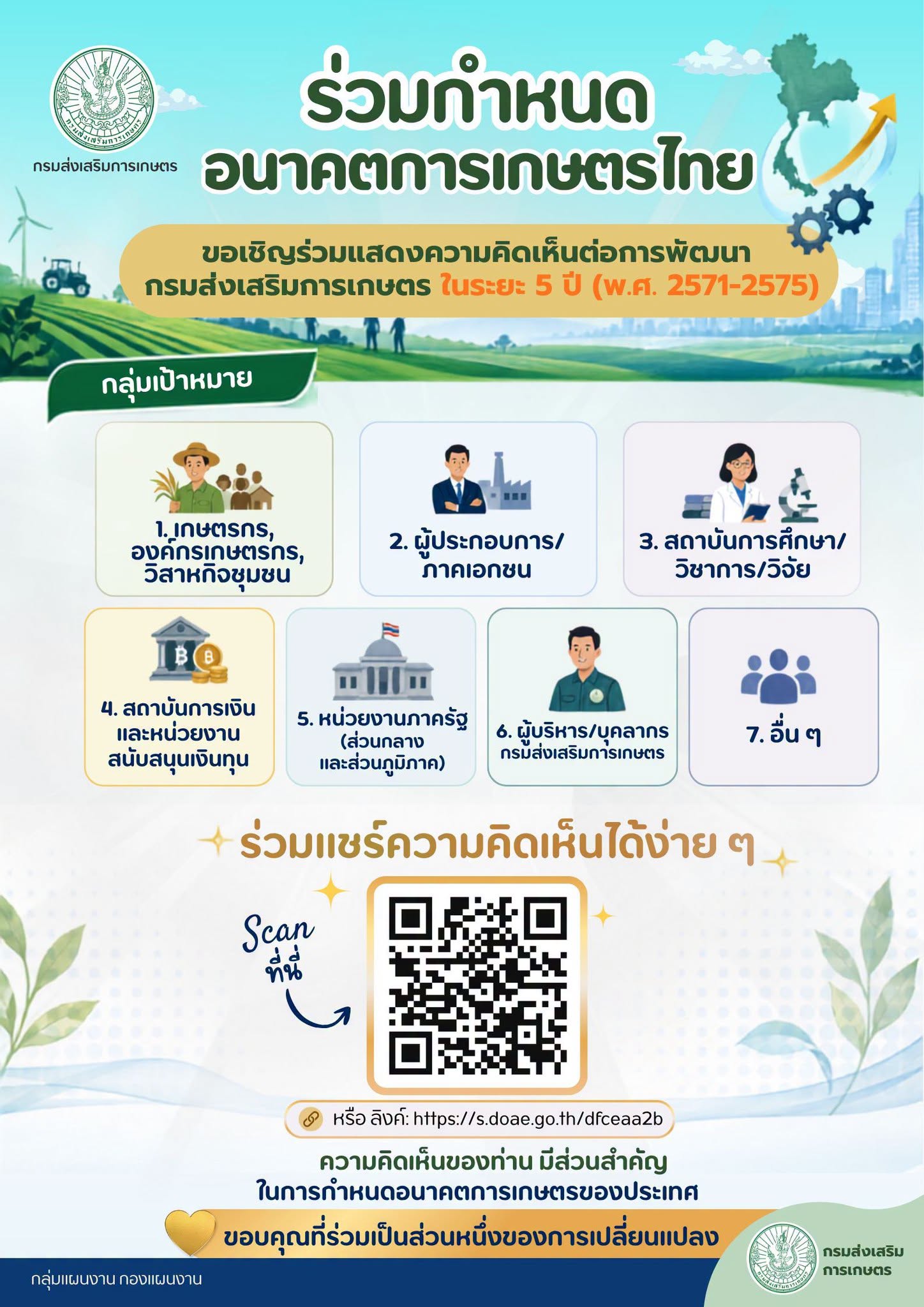 กรมส่งเสริมการเกษตร ขอเชิญชวนทุกท่านร่วมแสดงความคิดเห็นต่อ “การพัฒนากรมส่งเสริมการเกษตร ในระยะ 5 ปี (พ.ศ. 2571-2575)