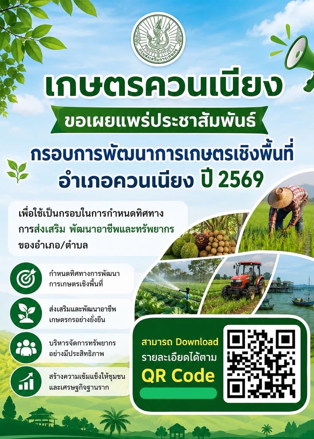 ประชาสัมพันธ์กรอบการพัฒนาการเกษตรเชิงพื้นที่ อำเภอควนเนียง ปี 2569 เพื่อใช้เป็นกรอบในการกำหนดทิศทางการส่งเสริม พัฒนาอาชีพและทรัพยากรของอำเภอ/ตำบล