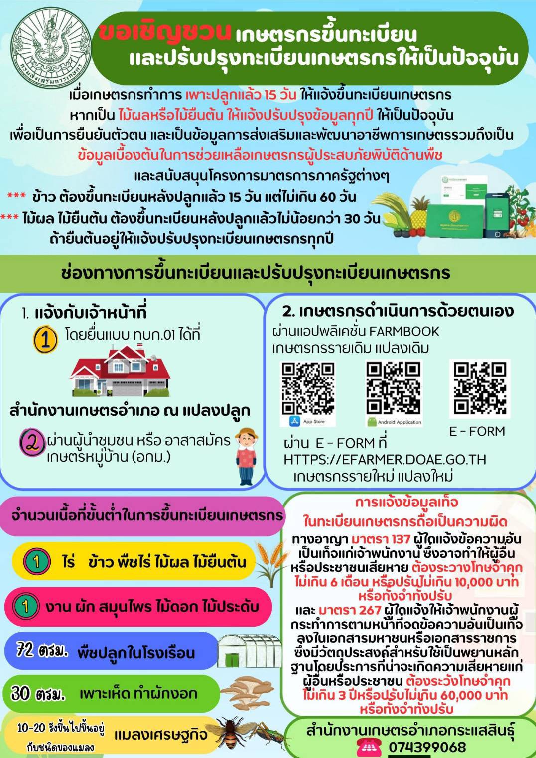 สำนักงานเกษตรอำเภอกระแสสินธุ์ ประชาสัมพันธ์เกษตรกรผู้ปลูกพืช แจ้งขึ้นทะเบียนและปรับปรุงทะเบียนเกษตรกร ปี 2569